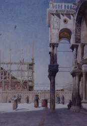 Blick vom Portikus von St. Markus Venedig, zeigt den Wiederaufbau des Campanile, 1908